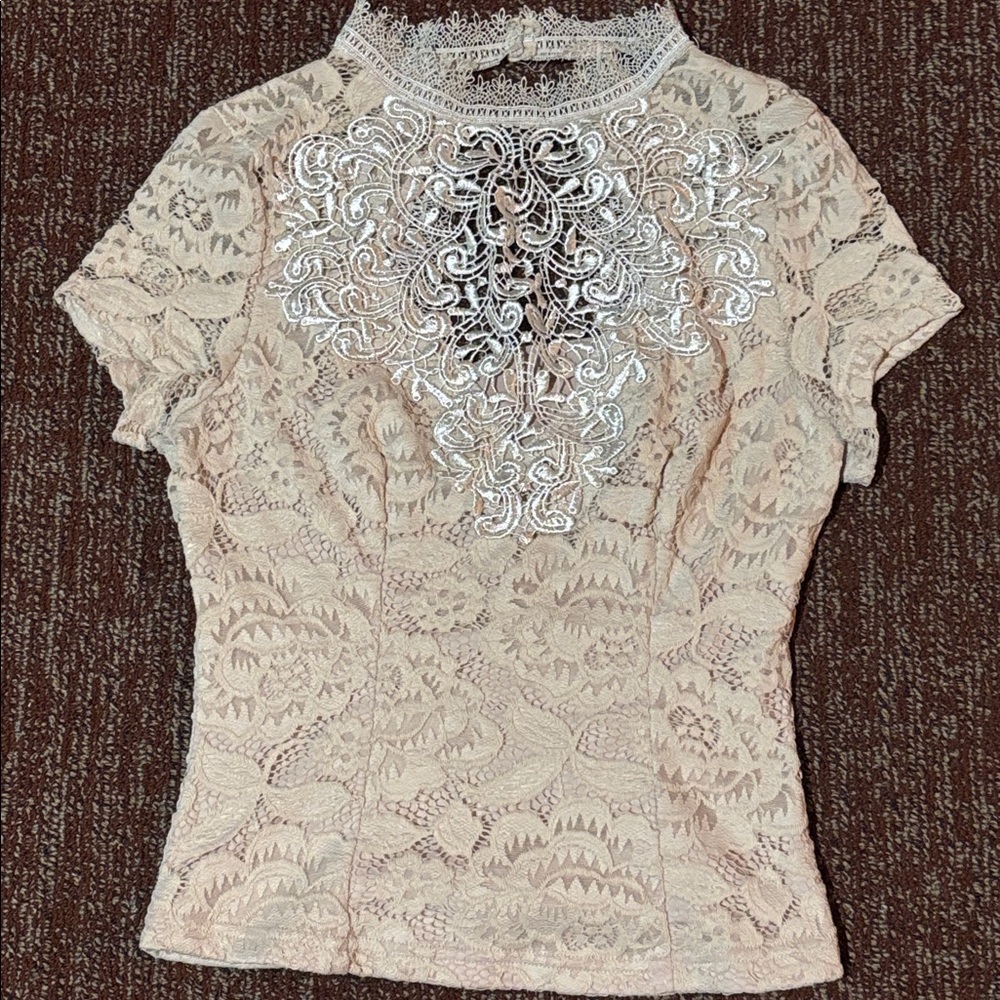 cream lace high neck open back structured short sleeve sheer Victorian blouse